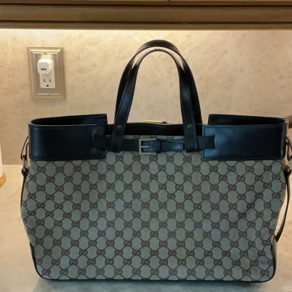 Gucci Brown Canvas Shoulder Tote Bag Gold Hardware Buckle Dual Leather Straps